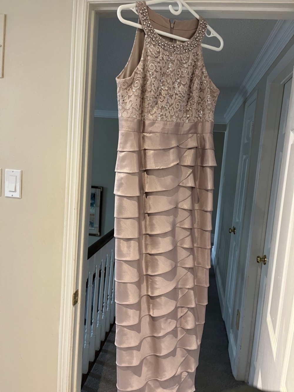 Laura Beaded Lace and Tiered Ruffle Maxi Dress in Mauve/Taupe. Worn once as MOB.